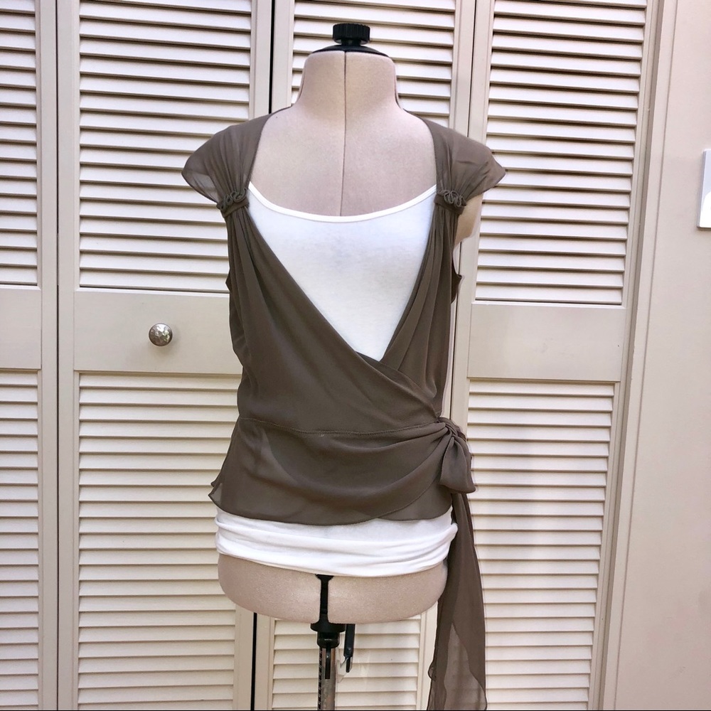 Studio M Taupe 100% Silk Wrap Blouse